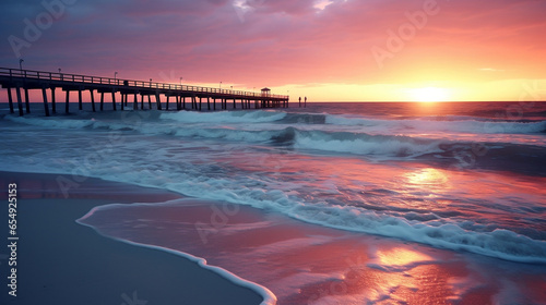 sunset at the pier on a beach photo