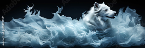 A wide banner image for a dog memorizing of cute white dog coming out of smoke in dark blue background 