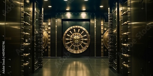 Bank vault door. Safe deposit boxes room in bank vault. Inside in Bank vault room with Dollars and euro money. Store Gold in storage. AI generative.