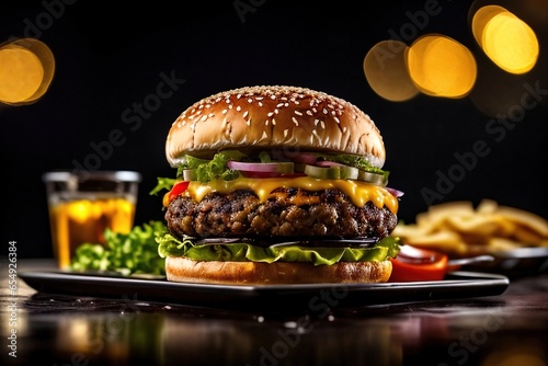 Fast food hamburger with beef patty, melting cheese, salad and vegetables.