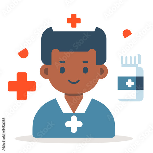 Nurse and medicine bottle flat style vector illustration, female nurse sister dark skinned simple style stock vector image