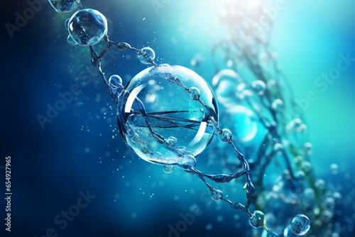 Molecule in liquid bubble with essence, DNA water splash background. Generative AI