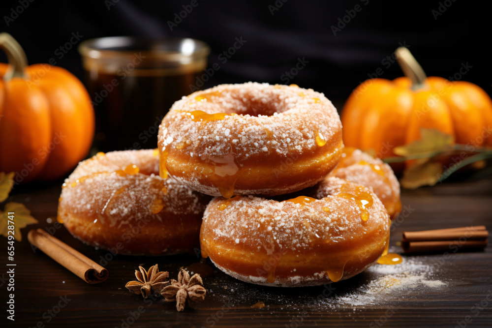 Warm pumpkin donuts on table background, seasonal food. AI Generative