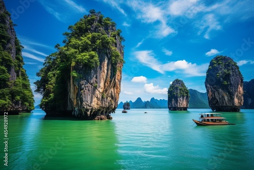 Stunning natural scenery of James Bond Island surrounded by boat in Phang-nga Bay, a famous tourist attraction in Phuket, Thailand for summer vacation trips. Generative AI