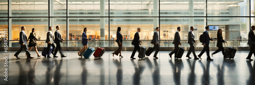 On the Move Business People Navigate Airport with Purpose and Precision, Pulling Suitcases