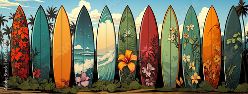 Beautiful designer surfboards in standing position illustration 