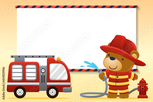 Cute bear in fireman costume holding fire hose with fire truck. Firefighter elements with blank sign. Vector cartoon illustration