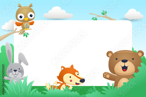 Funny woodland animals cartoon with blank sign. Vector illustration
