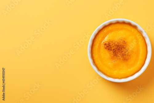 Sweet potato pudding on a table with a yellow background taken from a high angle photo