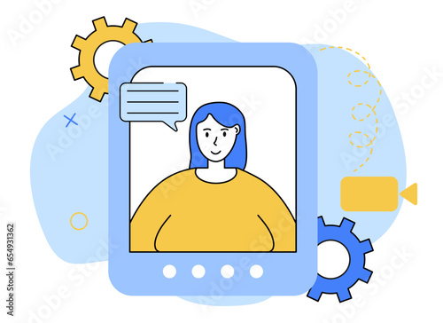 Video business conference. A woman holds an online business meeting. The concept of mail marketing. Vector illustration.