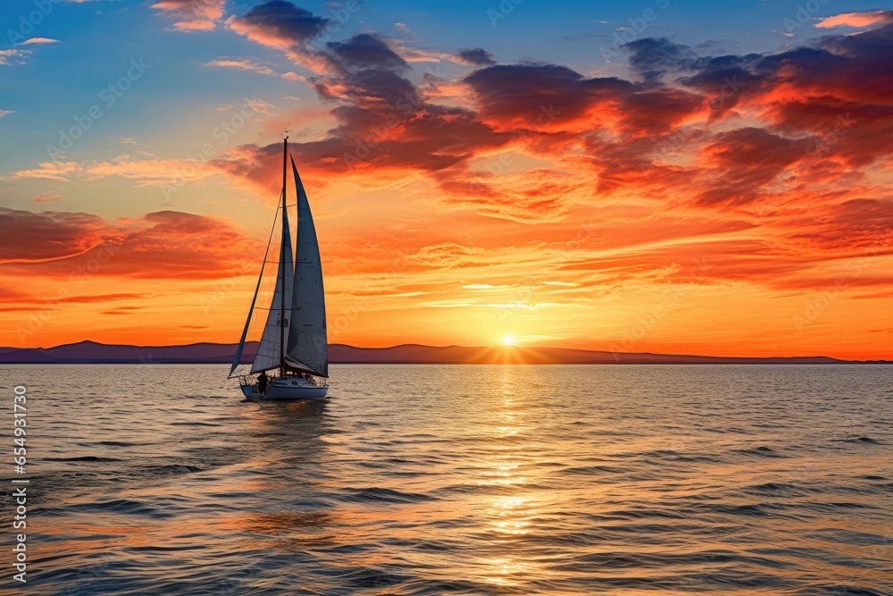 Sunset on the ocean with sailing yachts on the horizon 