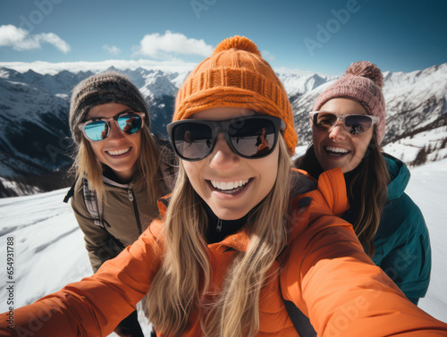 Selfie photo of happy woman with ski goggles with her friend outdoors, winter sports concept