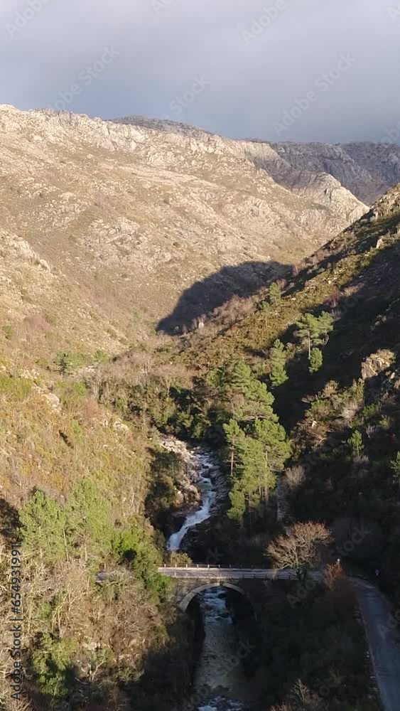 Vertical Video of Beautiful Nature Landscape. Mountains and River Aerial View