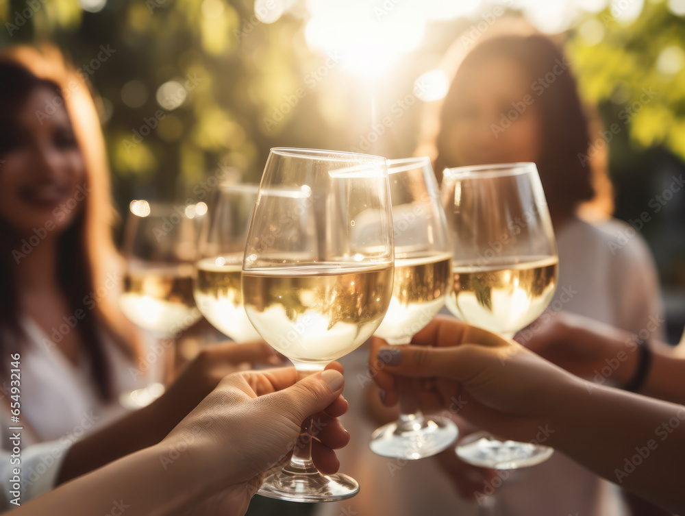 Close up of group of friends clinking glasses with wine on outdoor party summer terrace Close up of group of friends clinking glasses with wine on outdoor party summer terrace