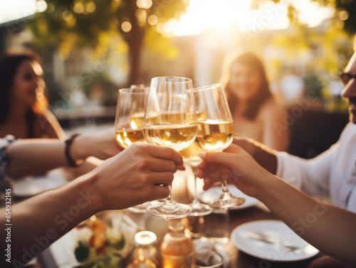 Close up of group of friends clinking glasses with wine on outdoor party summer terrace