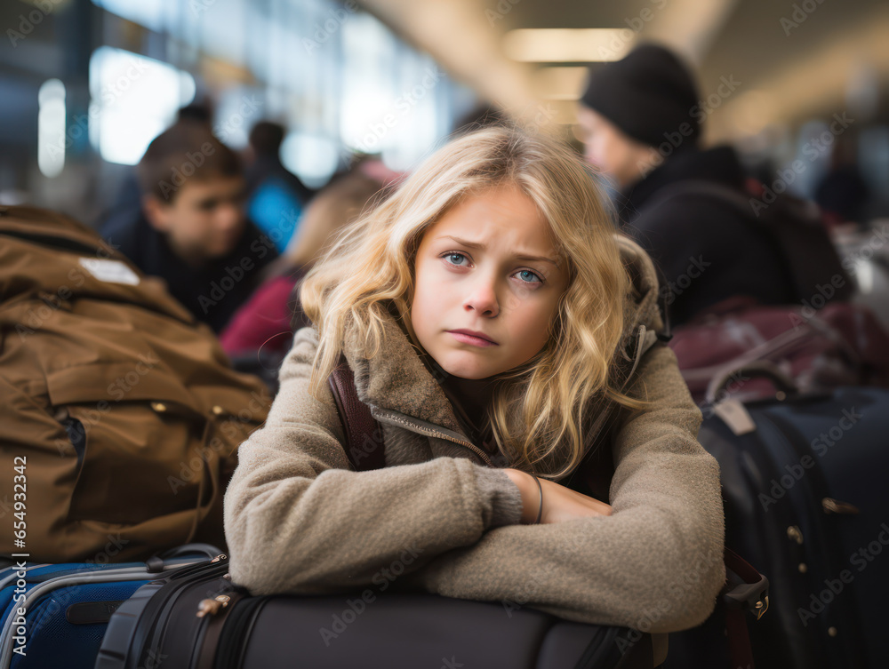 Fototapeta premium Teenage female traveler with backpack sitting in airport or train station waiting room feeling bored