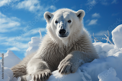 polar white bear on an ice floe in ocean in winter close-up