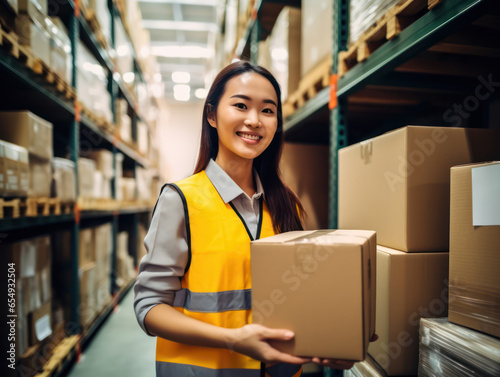 Portrait of beautiful Asian female worker holding boxes inside warehouse