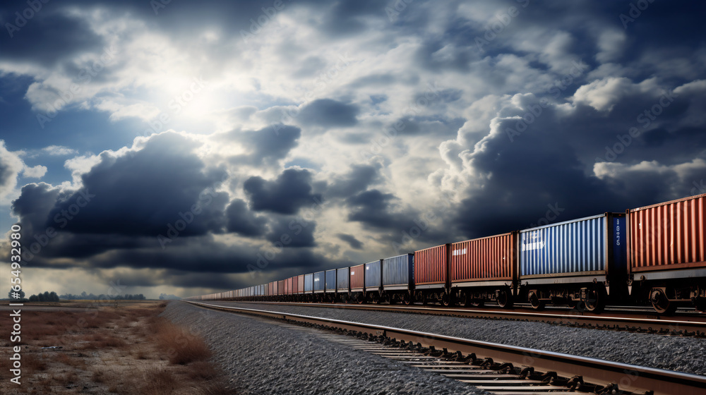 Fototapeta premium Freight train against a backdrop of clouds..