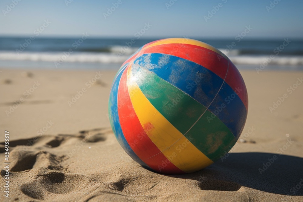 detail of a beach ball on a beautiful sandy beach. Generative AI