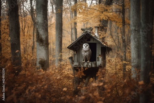 An owl perched house surrounded by woods. Generative AI © Fallon