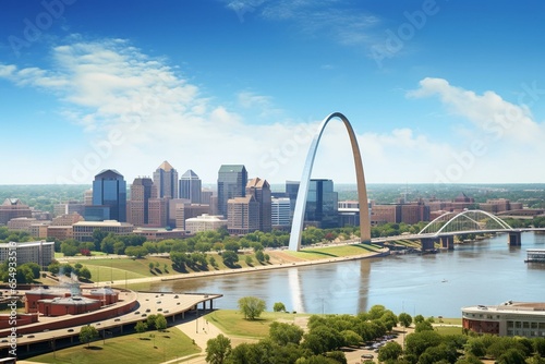 Aerial view of St. Louis city on a clear day from the apex of the city's iconic arch. Generative AI