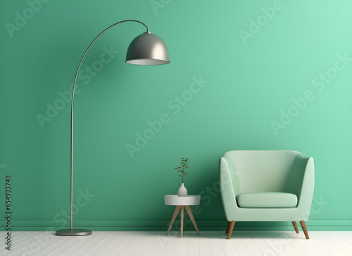 Salón minimalista con lampara, mesilla y sillón. photo