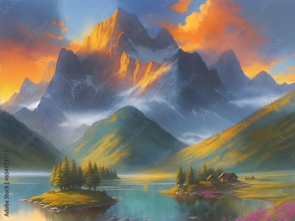 Checkered composition landscape. AI generated illustration