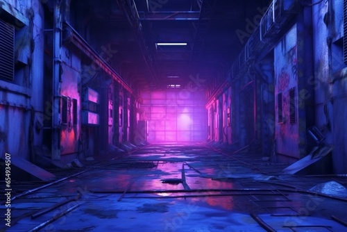 Futuristic neon-lit tunnel with a vibrant  grungy hangar-like room. Electric blue and purple colors create a realistic 3D rendering. Generative AI