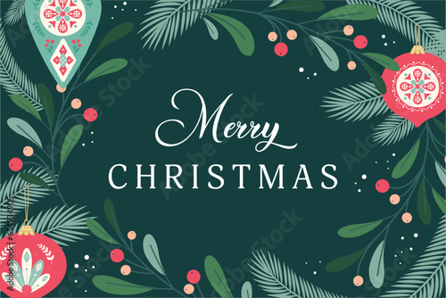 Christmas New Year card with a frame of fir branches and leaves and text on a dark green background. Flat  style. Vector illustration.