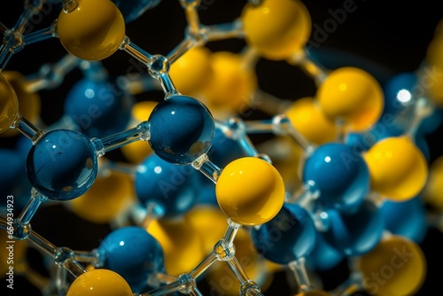 Closeup of a vibrant yellow-blue molecule with divergent yellow rays. Generative AI