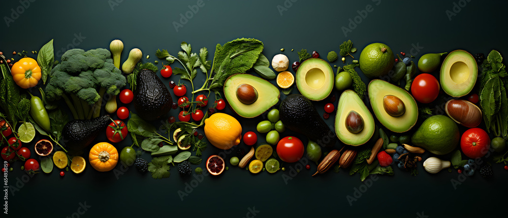 Fondo con comida natural, frutas, verduras y hortalizas con espacio para texto. - obrazy, fototapety, plakaty 