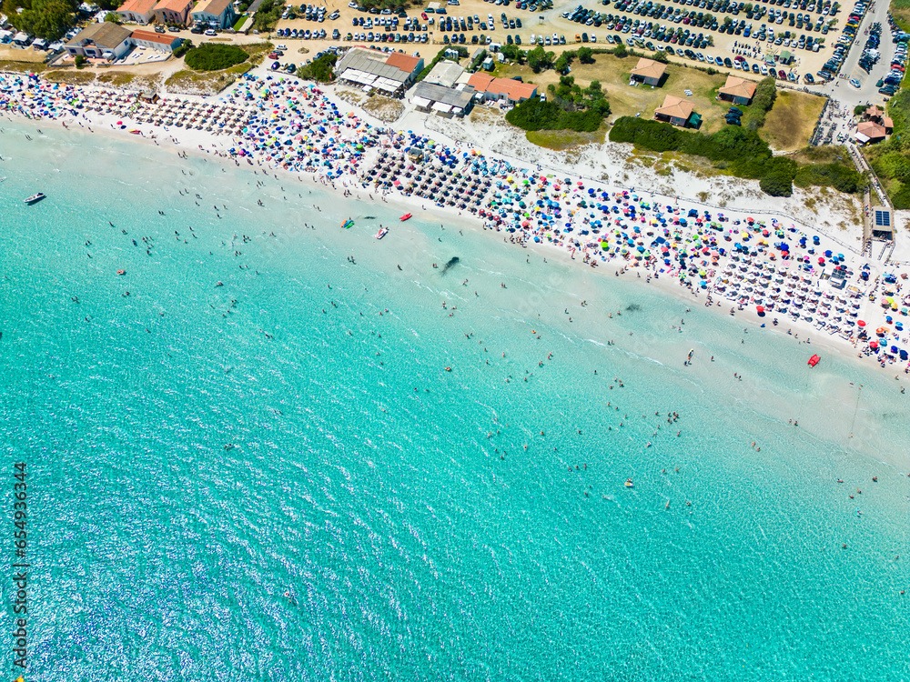 Aerial view of La Cinta beach in Sardinia with turquoise sea
