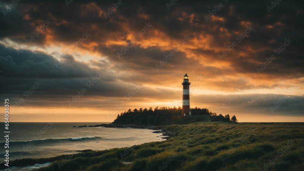 Tall lighthouse at the north sea under a cloudy skyMesmerizing view of silhouettes of trees under the sunset sky.