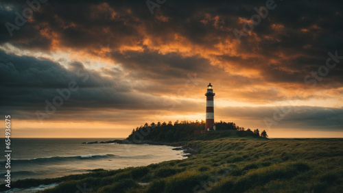 Tall lighthouse at the north sea under a cloudy skyMesmerizing view of silhouettes of trees under the sunset sky.