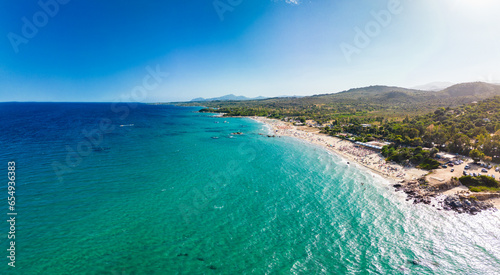 Aerial drone panoramic view of beach of Orr    Tortol    Sardinia  Italy