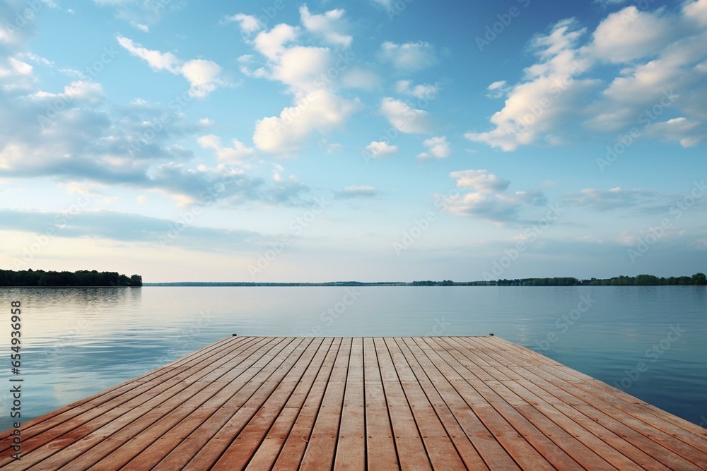 Decking hovering over calm water and infinite sky. Generative AI