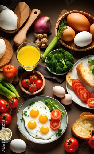 Healthy breakfast table with eggs, green leafy vegetables and other food for breakfast.