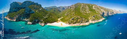 Aerial drone view of Cala Sisine beach in the Golf of Orosei, Sardinia, Italy photo