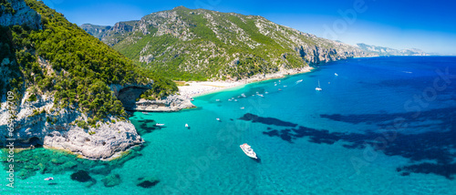 Fototapeta Naklejka Na Ścianę i Meble -  Aerial drone view of Cala Sisine beach in the Golf of Orosei, Sardinia, Italy