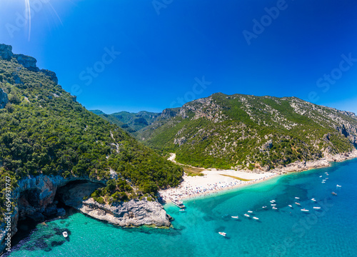 Fototapeta Naklejka Na Ścianę i Meble -  Aerial drone view of Cala Sisine beach in the Golf of Orosei, Sardinia, Italy