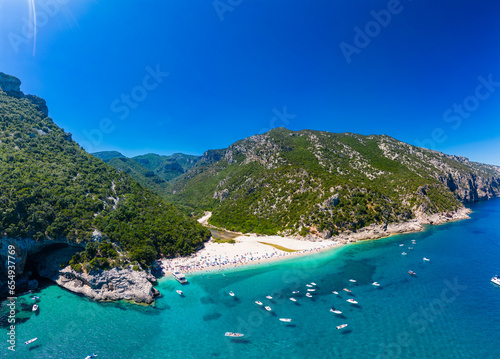 Aerial drone view of Cala Sisine beach in the Golf of Orosei, Sardinia, Italy