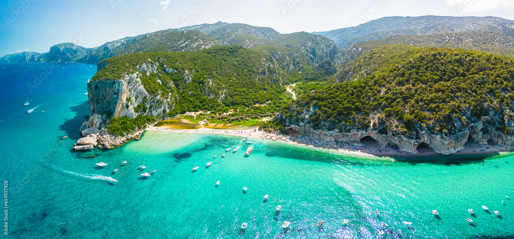 Drone view of the vibrant Cala Luna Beach on Sardinia island, Italy - obrazy, fototapety, plakaty 