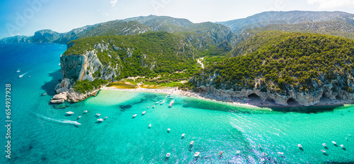 Drone view of the vibrant Cala Luna Beach on Sardinia island, Italy