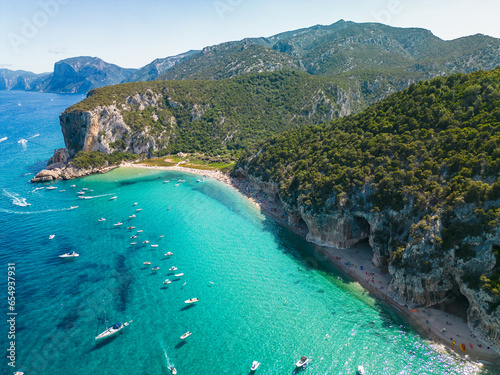 Drone view of the vibrant Cala Luna Beach on Sardinia island, Italy