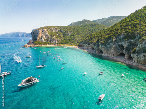 Drone view of the vibrant Cala Luna Beach on Sardinia island, Italy