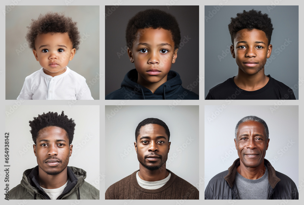 collage of black racial male portraits of different ages, made with generative AI collage of black racial male portraits of different ages, made with generative AI