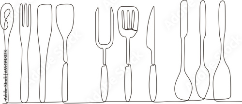 continuous line illustration of kitchen utensils