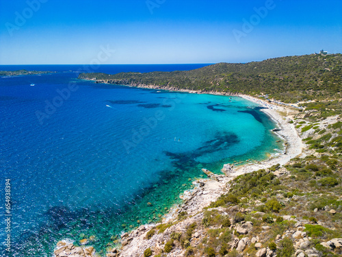 Aerial view of Porto Giunco beach and tower in Villasimius, Sardinia, Italy © Martin Valigursky