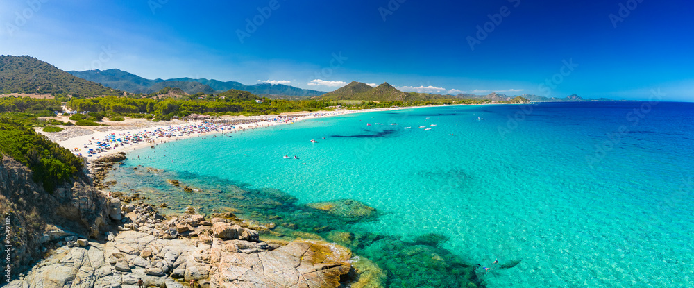 Aerial drone view of Cala Monte Turno and San Pietro Beaches, Sardinia. Italy